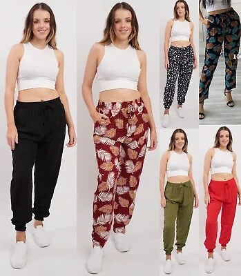 Women 100 Cotton Trousers Ladies Summer Casual Elastic Waist Bottoms Baggy Pants • £5.99