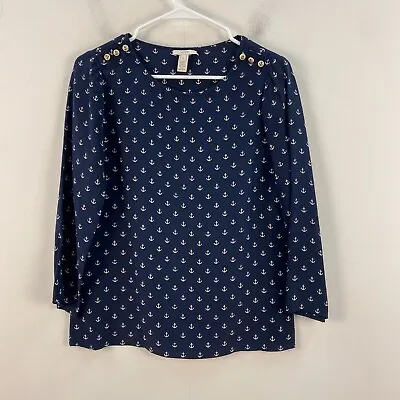 J Crew Womens 2 Top Blouse Blue Anchor 3/4 Sleeve Silk Button Shoulder 10809 • $18.85