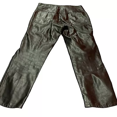 Mens Black Real Leather Biker Pants W33 L27 Ankle Zip • $32.88