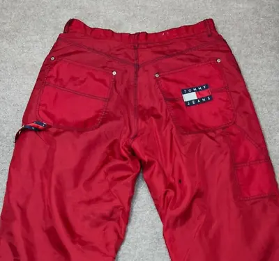 VTG Tommy Hilfiger Pants Mens 36 Red Big Logo 36x34 Fleece Lined Baggy Nylon • $29.99