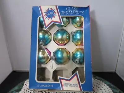 Vintage Coby Glass Ball Ornament Box/9 USA Blue Gold Pink • $24