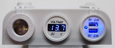 12v Dual White 4.2a Usb Charger Power Socket + Voltage Gauge Surface Mount Au • $32.95