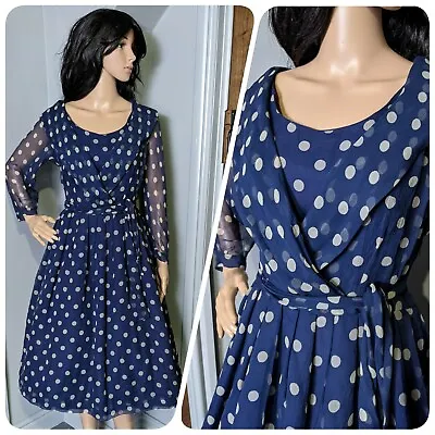 Vintage 1950s Navy Silk Chiffon Spot Circle Belted Dress 50s 10 38 • £79.99