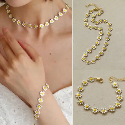 Daisy Flower Necklace Choker Bracelet Earrings Long Chain Women Jewellery Gift • £5.23