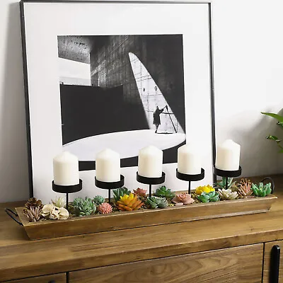 5-Pillar Black Metal Centerpiece Candle Holder In Rustic Wood Tray With Handles • $52.99