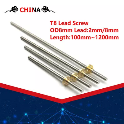 T8 Lead Screw OD8mm Lead 2mm/8mm 100mm~1200mm Rod Stainless Lead Screw+Brass Nut • $9.89