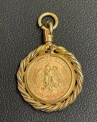 1945 Mexico $2 Peso Gold In 14kt Yellow Gold Twisted Rope Bezel/Pendant 4mm Bale • $850