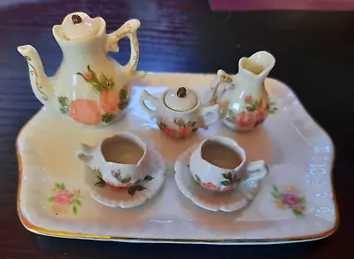 Vintage Miniature Off White With Pink Floral Porcelain 10 Piece Coffee / Tea Set • $16