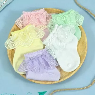 2 Pairs Girl Kids Baby Trainer Soft Frilly Lace Ruffle Ankle Socks Princess Gift • £4.73