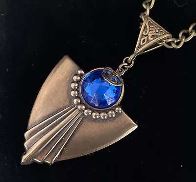 Vintage Necklace Art Deco Revival Pendant Antique Blue Czech Glass Rhinestone • $27