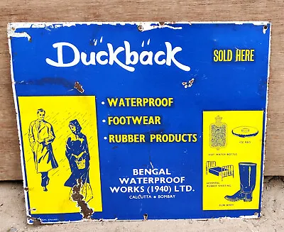 1940 Vintage Enamel Sign Duckback Waterproof Rubber Products Work Sold Here EB92 • $344.59