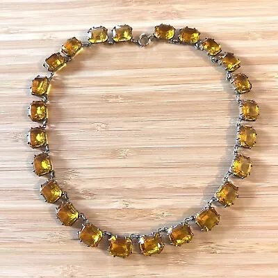 Vintage Art Deco Emerald Cut Amber Glass Necklace Brass Jewelry • $119.99