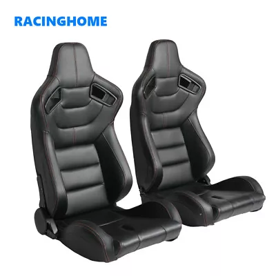 2Pc Universal Reclinable Recline Seats Black PVC Leather Racing Seats W/2 Slider • $379.99