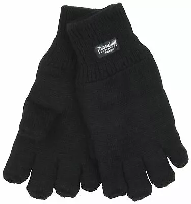 Mens Thinsulate Knitted Fleece Lined Fingerless Gloves GL131 - Black • $5.99