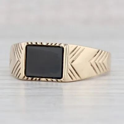 Vintage 10k Yellow Gold Onyx Men's Etched Band Ring • £379.67