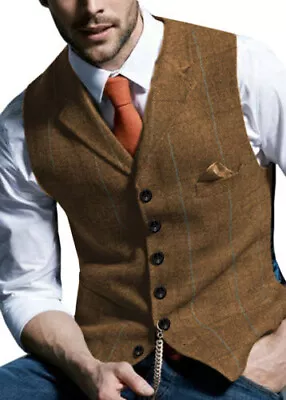 Retro Men Tweed Waistcoat Wool Blend Suit Vest Formal Plaid Herringbone Slim Fit • $20.38