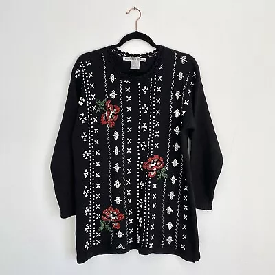 Victoria Jones Vintage Floral Poinsettia Beaded Ugly Christmas Sweater Sz Medium • $40