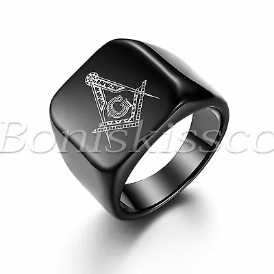 $8.99 • Buy Men's Black Polished Stainless Steel Freemasonry Rings Masonic Ring Band #7-13