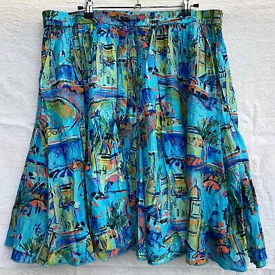 Lane Bryant 14/16 Venice Sight-Seen All Over Blue Print Cotton Skirt Elastic • $12.99