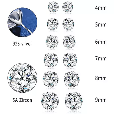 4mm-9mm Sterling Silver 925 Round Cut Cubic Zirconia Men Women Tud Earring 2PCS • $12.89