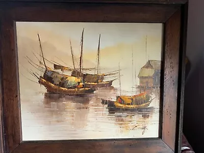 Oil Painting On Canvas Asian Junk Fishing Boats Signed By P. Wong 26 X30  Frame • $85