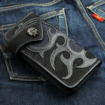 Genuine Stingray Shark Skin Leather Skull Mens Long Biker Wallet Exotic Harley • $194.35