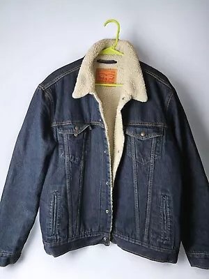 Levis Denim Jacket Sherpa Lined Plaid Coat Blue Sz Large  • $50