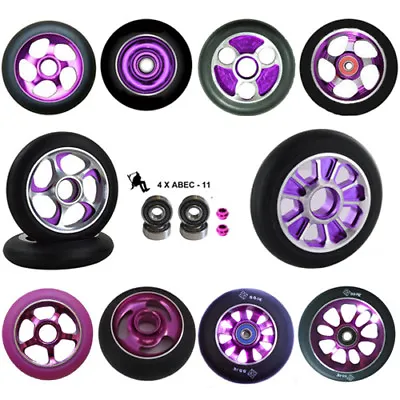 2X PRO STUNT SCOOTER PURPLE METAL CORE WHEELS 100mm 110mm 88A ABEC 11 BEARINGS 9 • £19.99