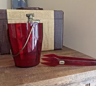 Vintage Ice Bucket Dupol German Red Plastic W/tongs Metal Handle Small Holidays • $8