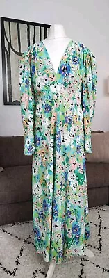 16/18 Green​ Pink Blue Floral Midi Dress 3/4 Side Split  New Oasis Rrp £59 • £30