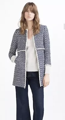 $35 • Buy Zara Woman Blue Printed Coat Jacquard Jacket 'that Coat' ‘the Coat’ S Small