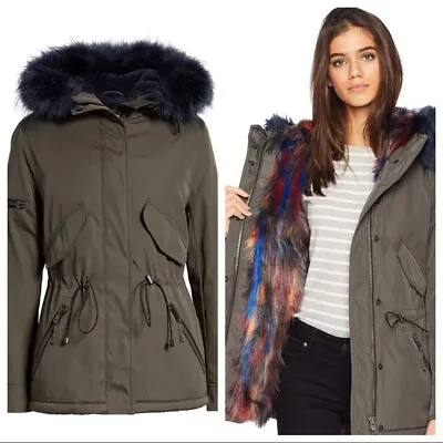 S13 New  York Green Parka Faux Rainbow Fur Lining Jacket Coat Size S EUC • $50