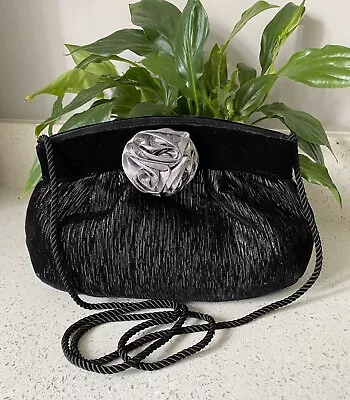 Black Velvet And Silver Rose Occasion  Bag Zip Top Cord Strap Fits IPhone BHS • £15