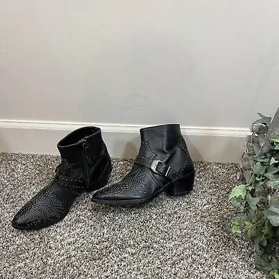 Zara Micro Studded Western Cowboy Ankle Boots Size 35 US 5 Black Leather Pointed • $39.99