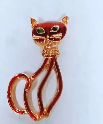 Vintage Stylized Atomic Cat Pendent Goldtone W/ Red Enamel And  Rhinestone Eyes • $6.99