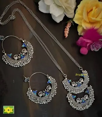 £9.99 • Buy ASIAN Silver Oxidised Ethnic Tribal Costume NECKLACE CHOKER JEWELLERY- Blue