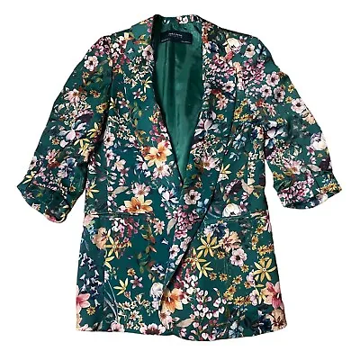 ZARA Giacca Blazer Women XS Green Floral Silky Satin Open 3/4 Sleeve 7713/127 • $29.99