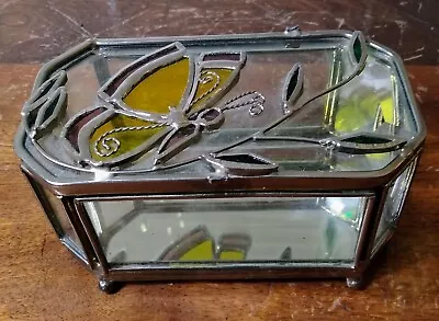Vintage Eight-Sided Leaded Glass Mirrored Bottom Jewelry/Trinket Box Hinged Lid • $19.99
