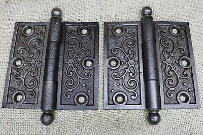 2 Old Door Hinges 3 1/2 X 3 1/2” Cannon Ball Top Clean Vintage Smooth Iron Vines • $64.91