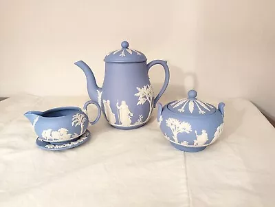Wedgewood Blue Jasperware Greek Scene Tall Teapot Creamer Sugar Bowl With Lid  • $56