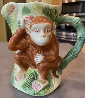Vintage Ceramic Majolica Hand Painted Monkey Pitcher Tropical Bamboo Handle • $55