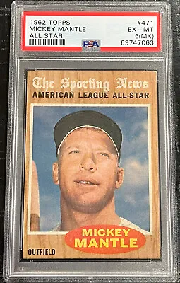 1962 Topps MICKEY MANTLE All Star SHARP Card PSA 6 (MK) EX-MT #471 Sporting News • $395