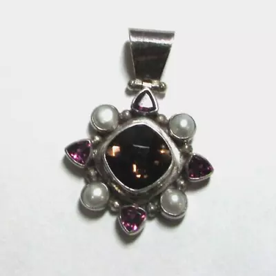 BJC SAMUEL BENHAM Sterling Silver Smokey Quartz Amethyst Pearl Pendant Slide • $95