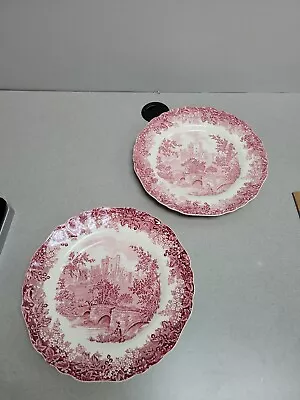 2 J & G Meakin IRONSTONE ROMANTIC ENGLAND RED 10  DINNER PLATES HADDON HALL • $23.50