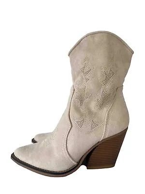 Cowboy Boot Beige Faux Soft Nappa Suede On Trend Ankle Height • £22.99