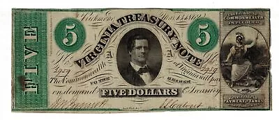 🇺🇸🇺🇸🇺🇸 1862 $5 Virginia Treasury Note Richmond Confederate 🇺🇸🇺🇸🇺🇸 • $90.90