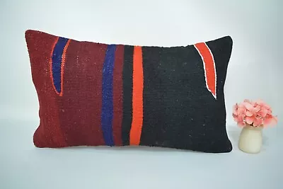 Turkish Handmade Lumbar Pillow Cover 12x20in Antique Multicolor Kilim Pillow • $35