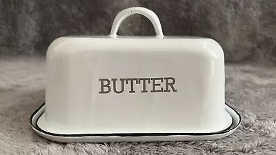 Farmhouse Enamelware Metal Butter Dish Covered Vintage Style White • $25.90