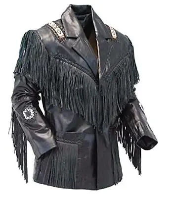 Men Black Native American Western Cowboy Real Leather Jacket Fringe & Bead Work • $86.99