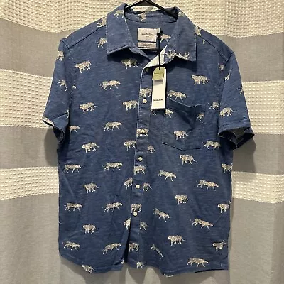 NWT Goodfellow Men's Blue Cheetah Print Short Sleeve Button Up Shirt Size Large • $10.56